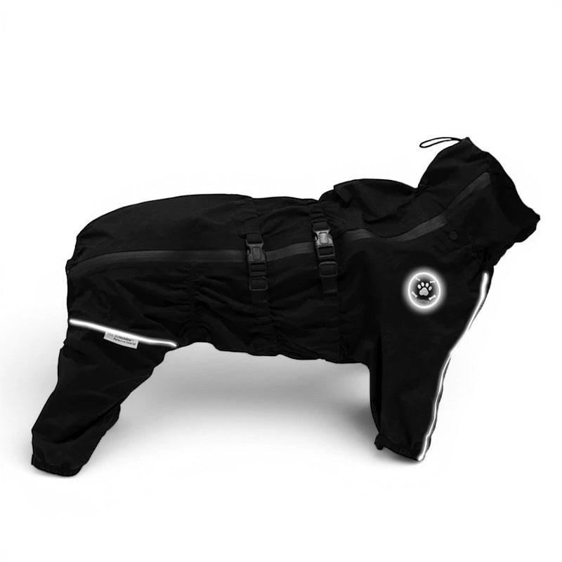 Combinaison imperméable noire AventureCanine en polyester avec bandes réfléchissantes pour chien