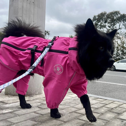 Chien noir portant une combinaison imperméable rose AventureCanine avec bandes réfléchissantes pour les promenades