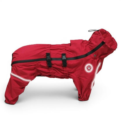 Combinaison imperméable rouge AventureCanine pour chien en polyester avec bandes réfléchissantes et capuche