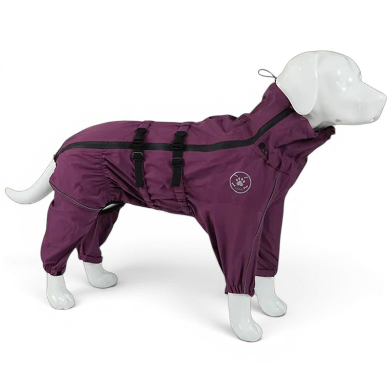 Combinaison imperméable AventureCanine violette pour chien en polyester avec bandes réfléchissantes et fermetures