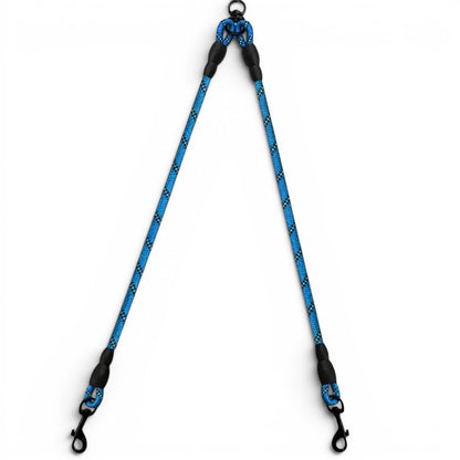Coupleur de laisse AventureCanine bleu en corde tressée réfléchissante avec système pivotant anti-nœud pour deux chiens