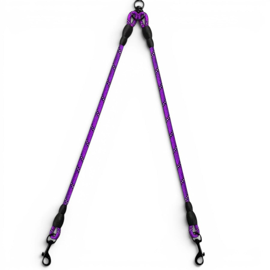 Coupleur de laisse AventureCanine violet en corde tressée réfléchissante avec système pivotant anti-nœud pour deux chiens