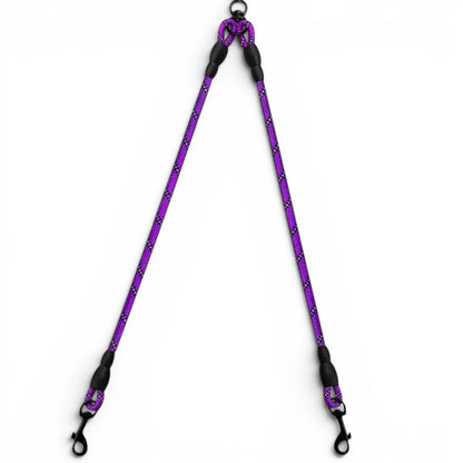 Coupleur de laisse AventureCanine violet en corde tressée réfléchissante avec système pivotant anti-nœud pour deux chiens