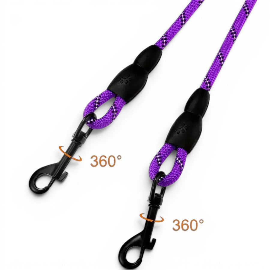 Coupleur de laisse AventureCanine violet en corde tressée avec pivots 360 degrés anti-nœud et bandes réfléchissantes