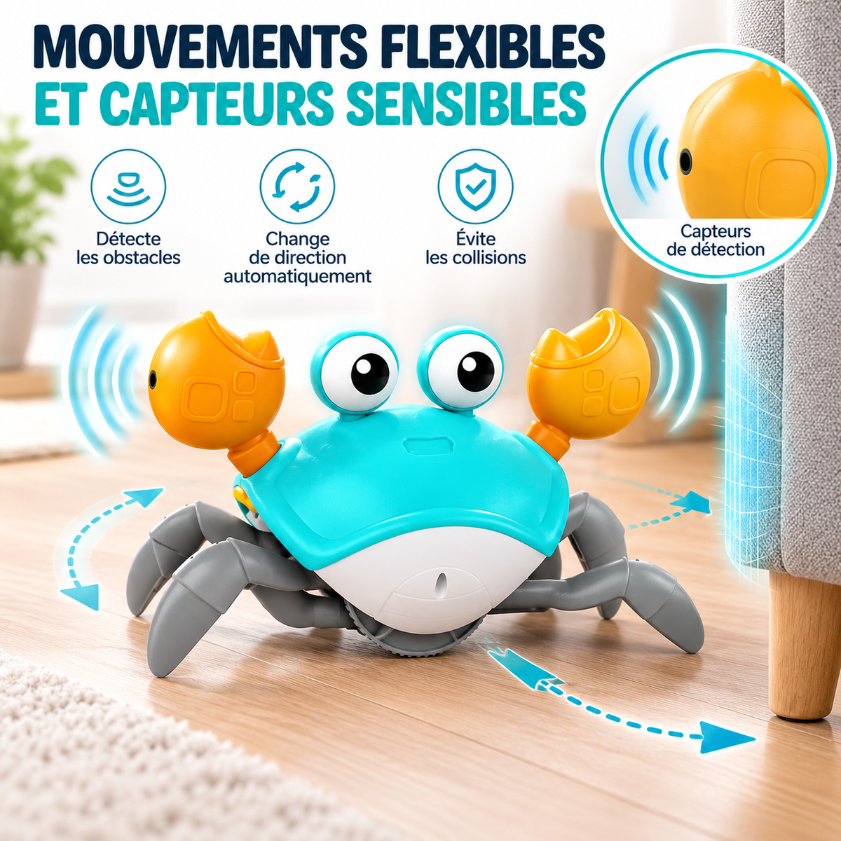 Jouet crabe interactif AventureCanine bleu et orange en plastique avec capteurs d'évitement d'obstacles pour animaux