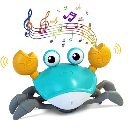Crabe interactif AventureCanine en plastique bleu et jaune avec capteur d'obstacles pour chien et chat