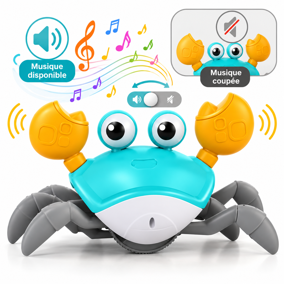Jouet crabe interactif AventureCanine bleu et orange avec capteur d'obstacles et option musicale pour animaux