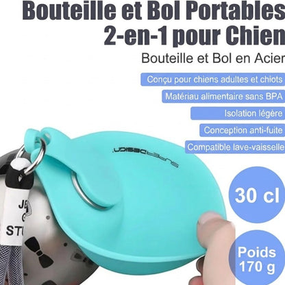 Gourde AventureCanine en acier inoxydable avec gamelle en silicone turquoise dépliable pour chien