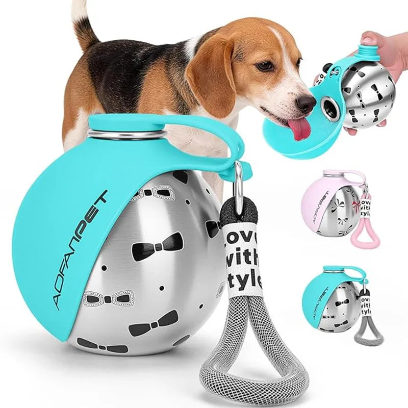 Gourde AventureCanine en acier inoxydable avec gamelle en silicone bleu pour chien, idéale pour les promenades