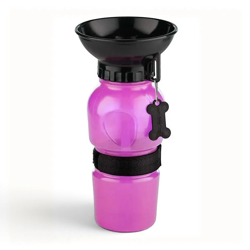 Gourde portable AventureCanine rose de 500ml avec bol intégré pour hydrater votre chien lors des promenades