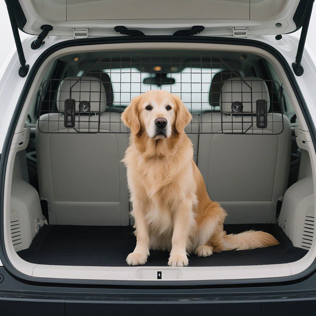 Grille de séparation AventureCanine réglable en métal noir installée dans un coffre de voiture avec un Golden Retriever