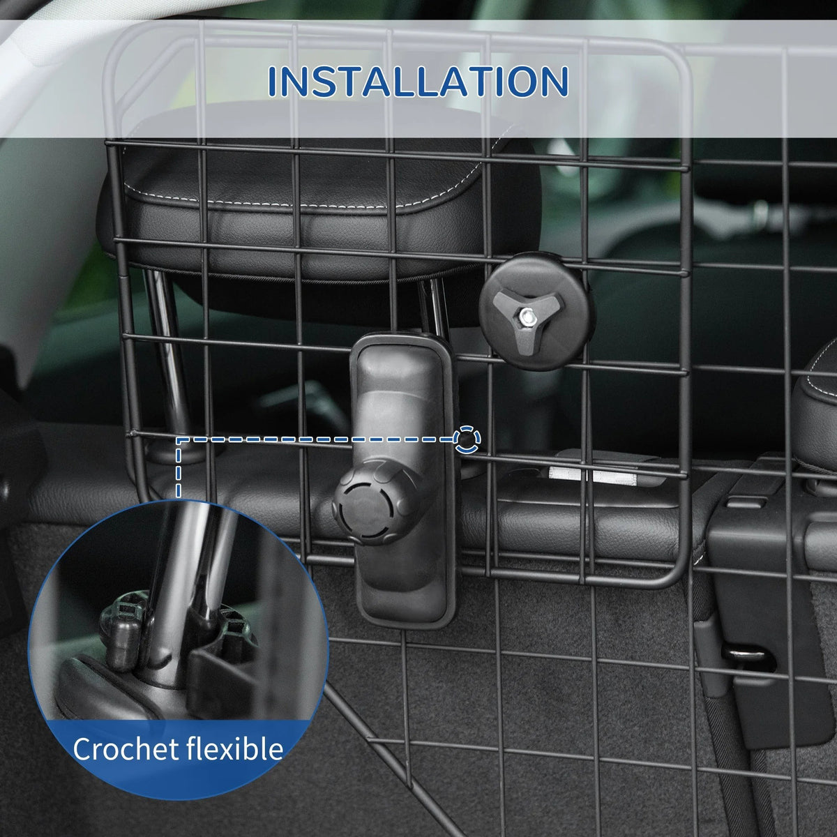 Grille de séparation AventureCanine pour chien en métal noir réglable fixée aux appuie-têtes de voiture