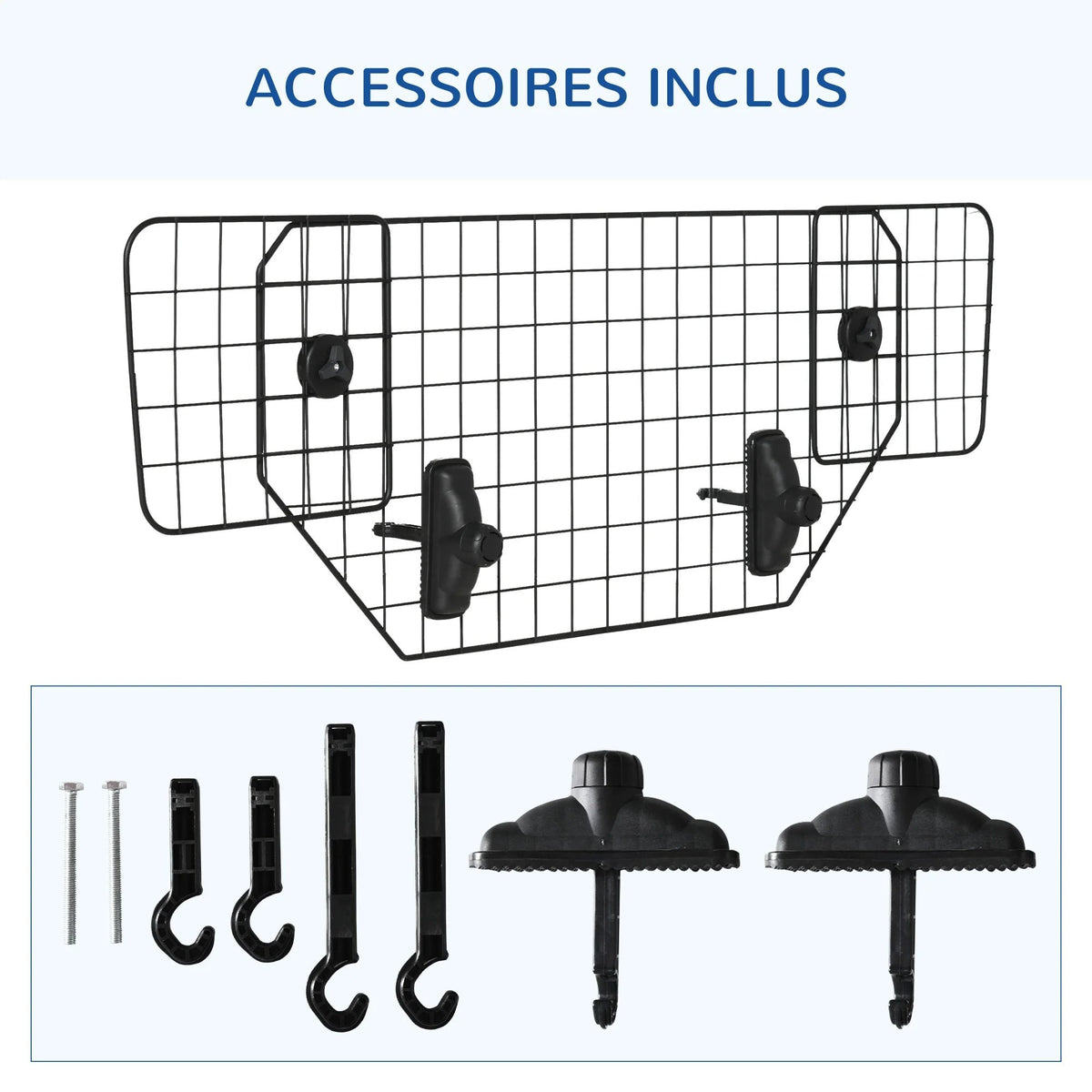 Grille de séparation AventureCanine réglable en métal noir pour chien, avec accessoires de fixation inclus