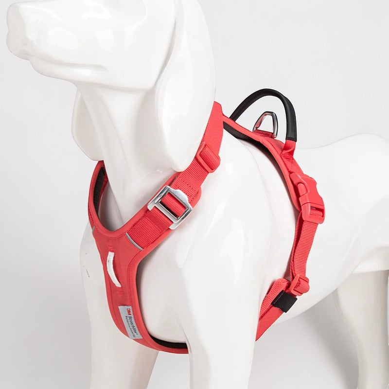 Harnais anti-traction AventureCanine en nylon rouge avec poignée dorsale, bandes réfléchissantes et attaches robustes.