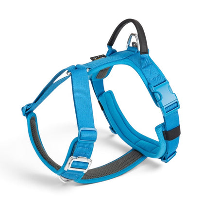 Harnais anti-traction en Y AventureCanine bleu en nylon Cordura avec poignée dorsale et rembourrage confortable