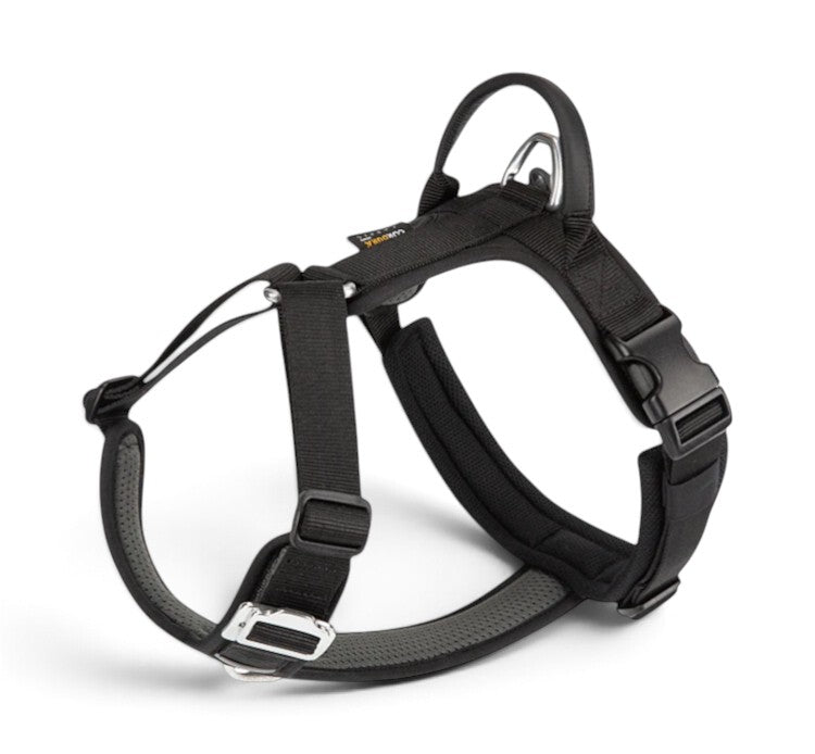 Harnais anti-traction en Y AventureCanine noir en nylon Cordura avec poignée dorsale et attaches en aluminium