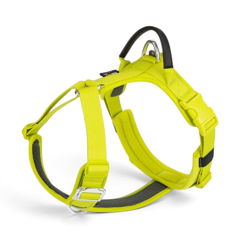 Harnais anti-traction en Y AventureCanine en nylon Cordura jaune fluo avec poignée dorsale et attaches en aluminium