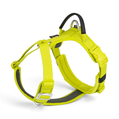 Harnais anti-traction en Y AventureCanine en nylon Cordura jaune fluo avec poignée dorsale et attaches en aluminium