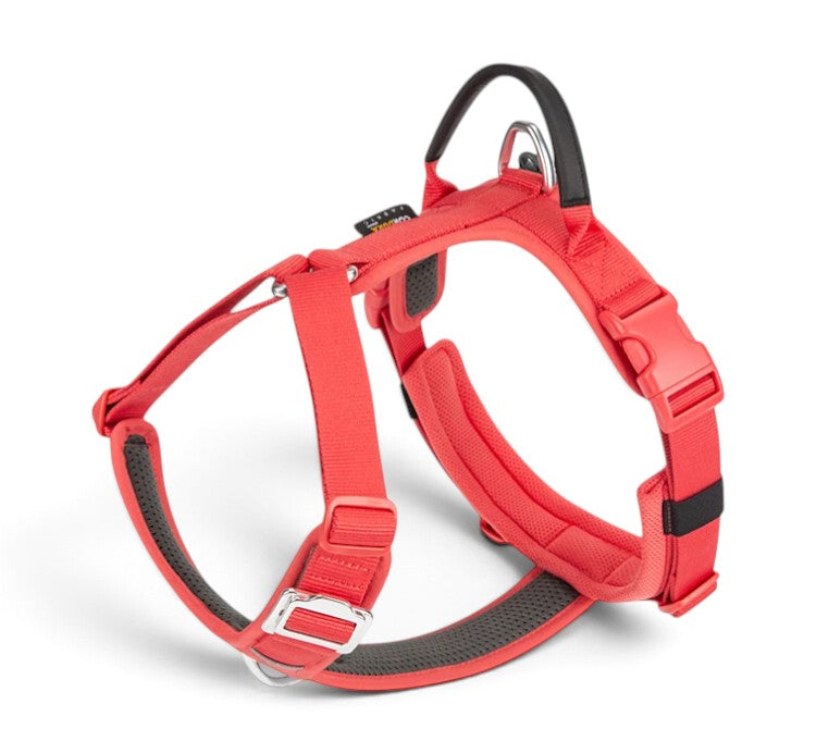 Harnais anti-traction en Y AventureCanine rouge en nylon Cordura avec poignée dorsale et rembourrage confortable