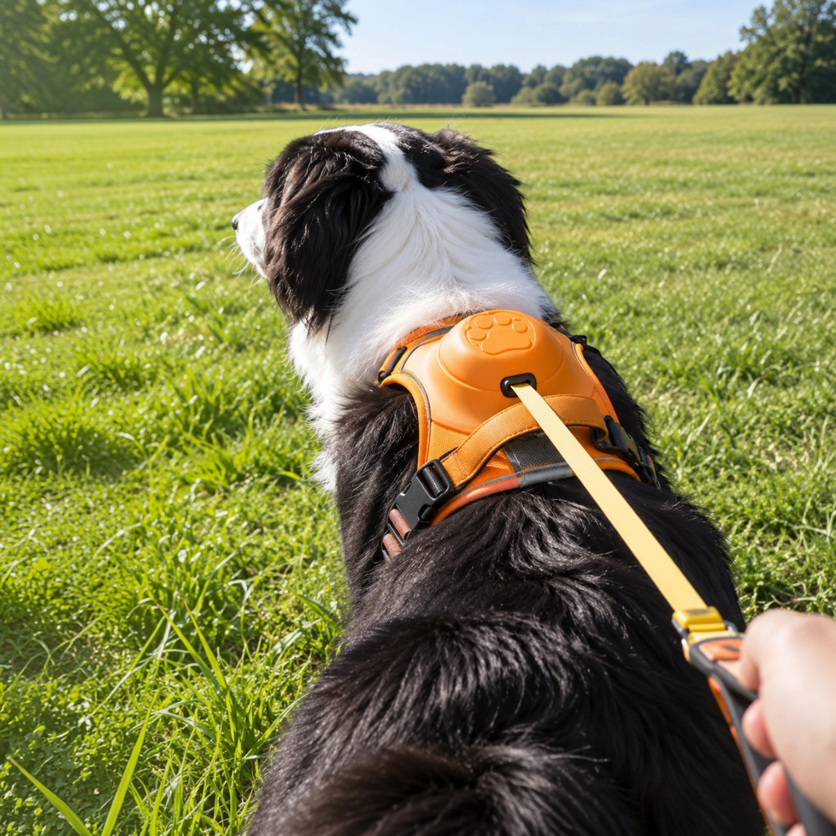 Chien border collie portant un harnais orange AventureCanine avec laisse rétractable intégrée dans un parc ensoleillé