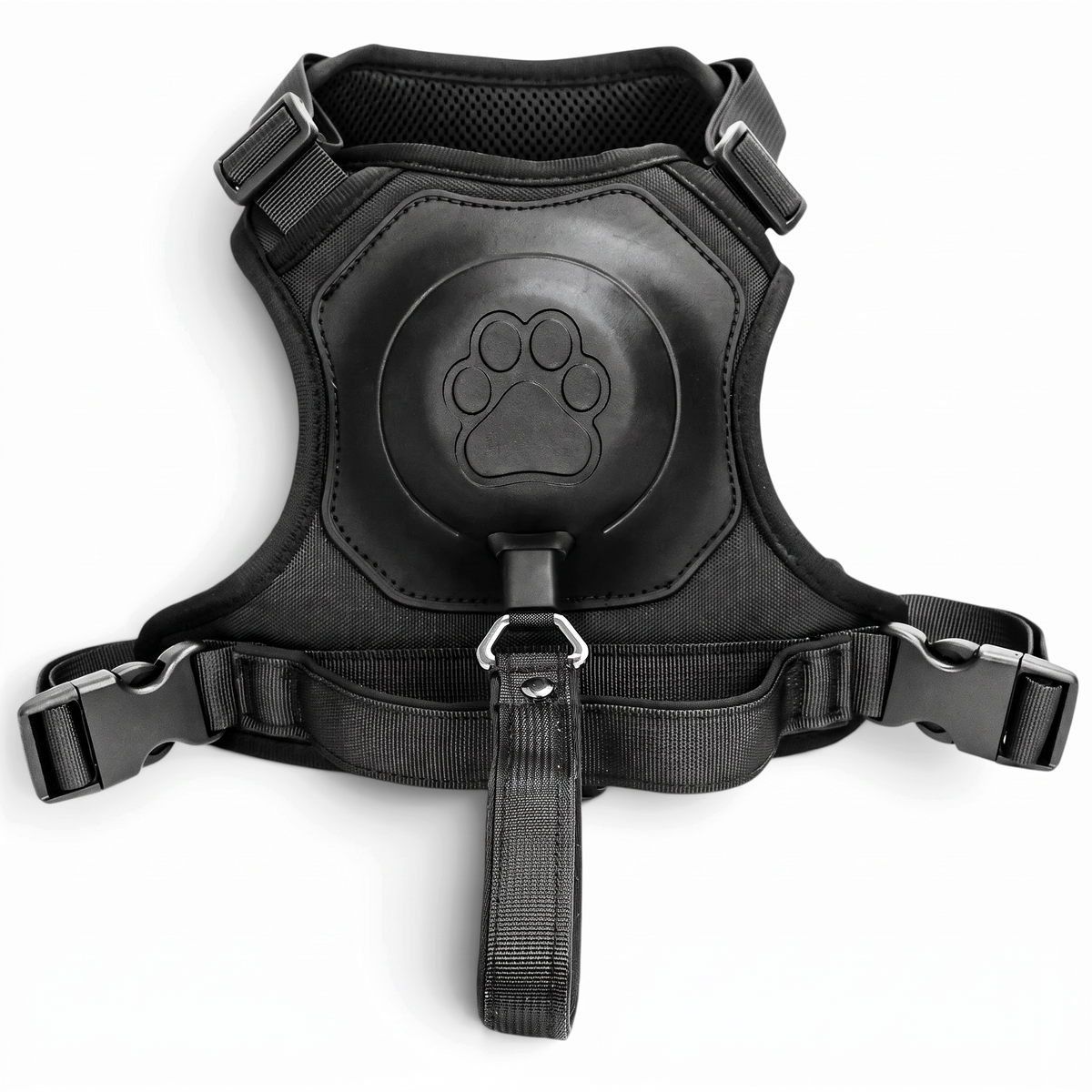 Harnais AventureCanine noir avec laisse rétractable intégrée et motif de patte sur fond blanc
