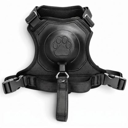 Harnais AventureCanine noir avec laisse rétractable intégrée et motif de patte sur fond blanc
