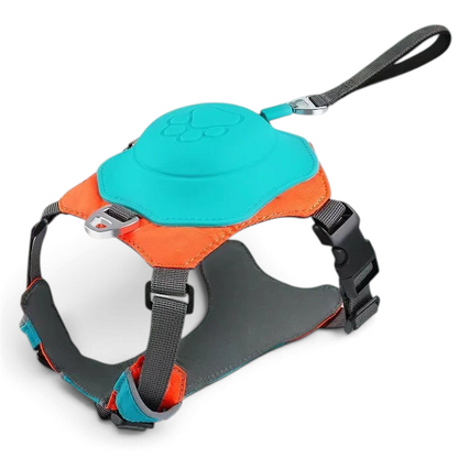 Harnais AventureCanine bicolore orange et turquoise avec laisse rétractable intégrée pour chien