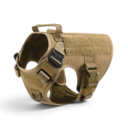 Harnais tactique AventureCanine beige en nylon 1050D avec poignée de contrôle et système MOLLE pour grand chien
