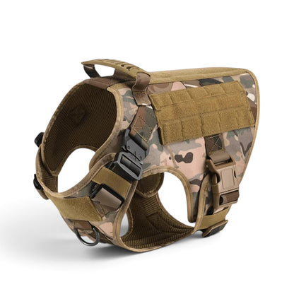 Harnais tactique AventureCanine pour grand chien en nylon camouflage avec poignée, boucles et système MOLLE