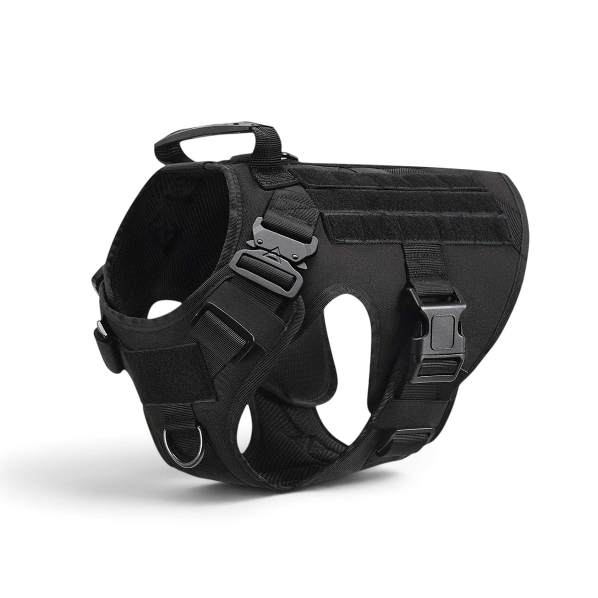 Harnais tactique noir AventureCanine en nylon 1050D avec poignée de contrôle, boucles rapides et système MOLLE