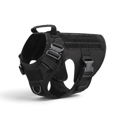 Harnais tactique noir AventureCanine en nylon 1050D avec poignée de contrôle, boucles rapides et système MOLLE