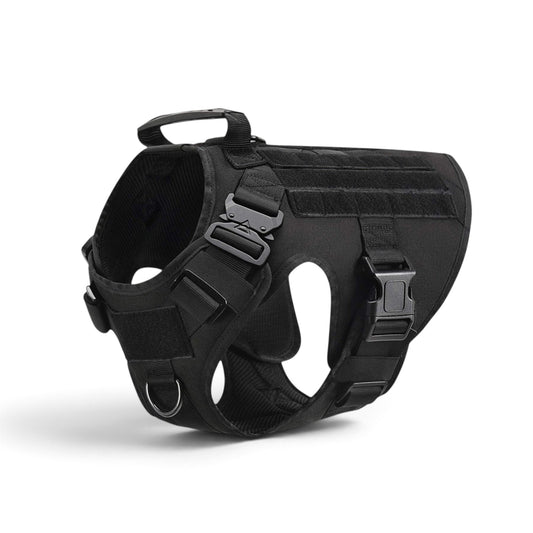 Harnais tactique noir AventureCanine en nylon 1050D avec poignée de contrôle, boucles rapides et système MOLLE