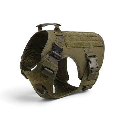 Harnais tactique AventureCanine vert olive en nylon 1050D avec poignée de contrôle, boucles rapides et système MOLLE