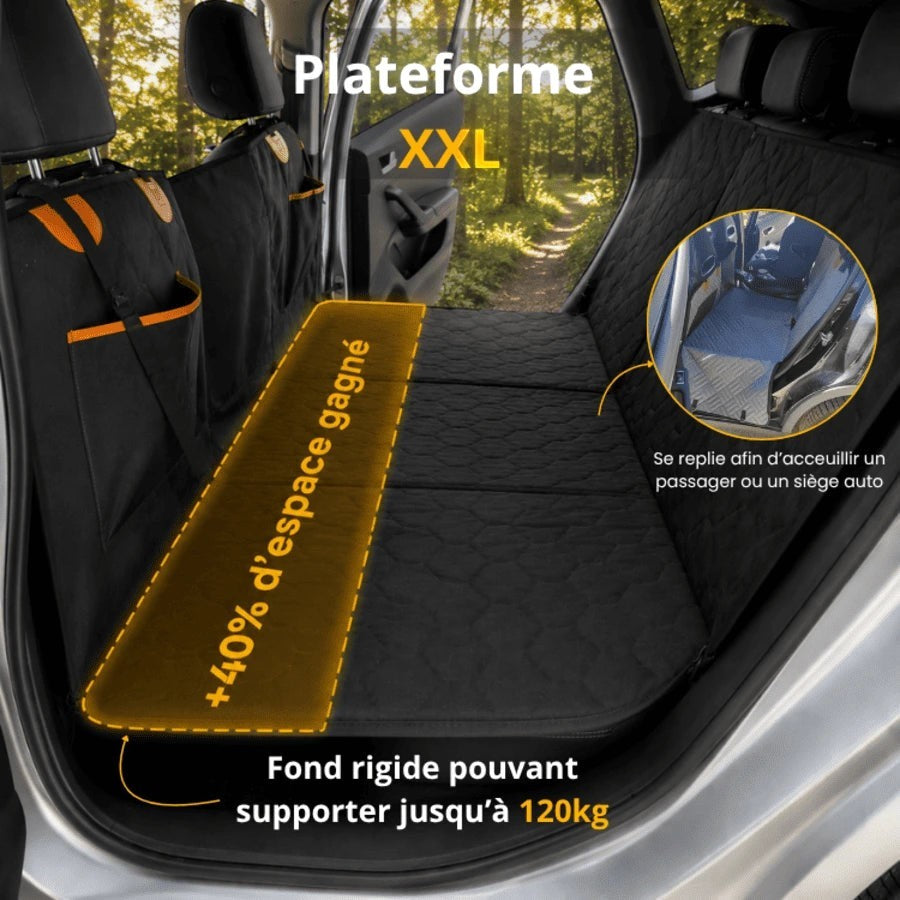 Housse de voiture AventureCanine noire imperméable avec fond rigide pour chien, offrant une plateforme stable et spacieuse