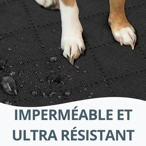 Gros plan sur la housse de voiture AventureCanine noire imperméable et résistante avec pattes de chien dessus