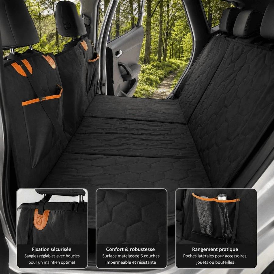 Housse de voiture AventureCanine noire imperméable avec base rigide et poches de rangement pour chien
