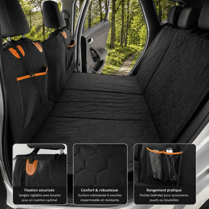 Housse de voiture AventureCanine noire imperméable avec base rigide et poches de rangement pour chien