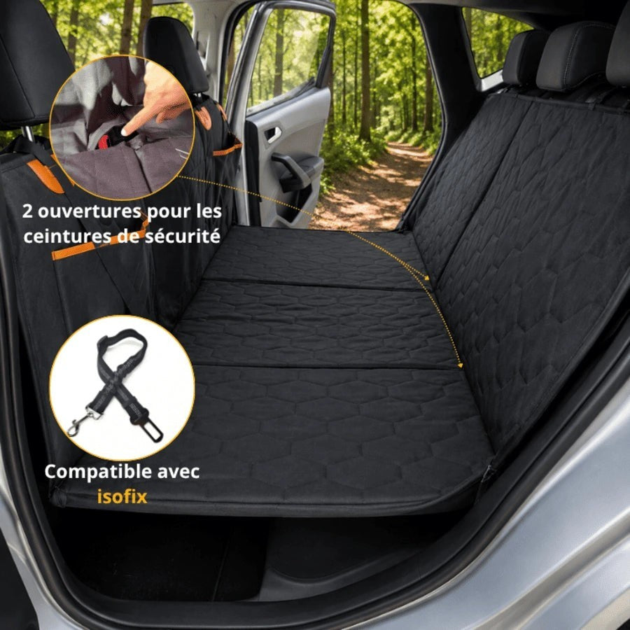 Housse de voiture AventureCanine noire à fond rigide imperméable avec ouvertures pour ceintures et fixation isofix