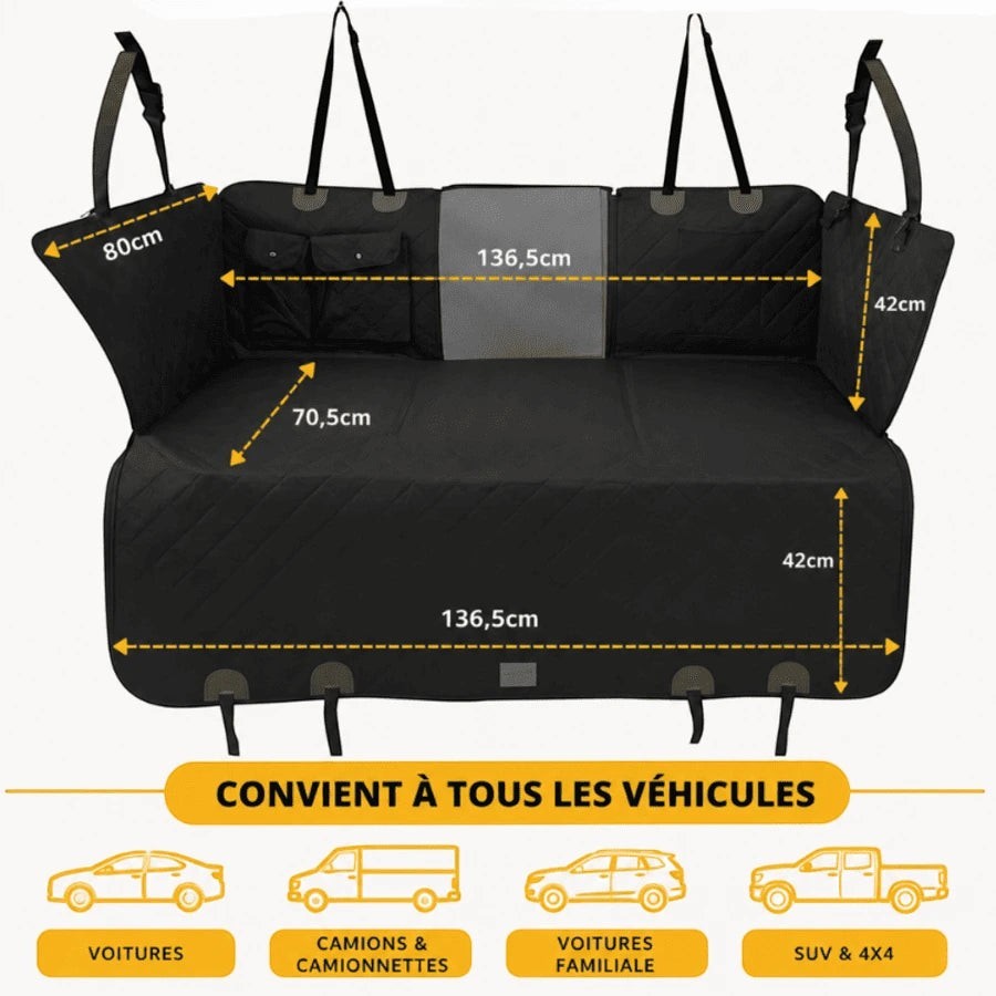 Housse de voiture AventureCanine noire imperméable avec fond rigide pour chien, protégeant sièges et portières