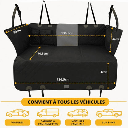 Housse de voiture AventureCanine noire imperméable avec fond rigide pour chien, protégeant sièges et portières