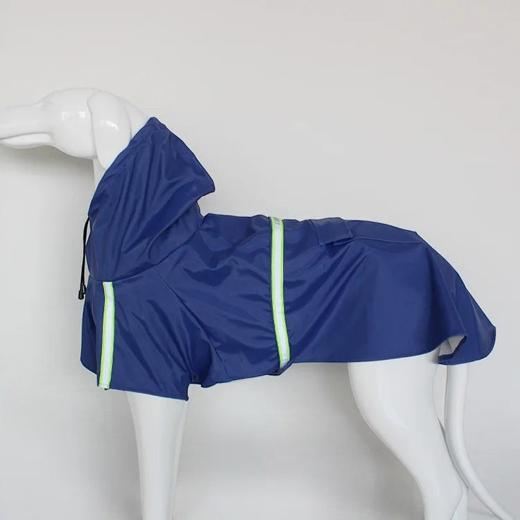 Imperméable bleu AventureCanine pour chien en polyester avec capuche et bandes réfléchissantes pour la visibilité