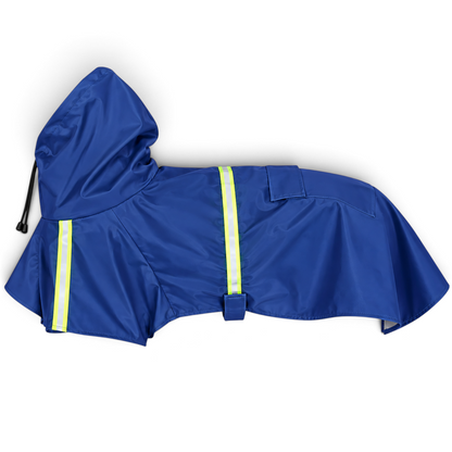 Imperméable bleu AventureCanine pour chien en polyester avec capuche et bandes réfléchissantes pour la visibilité