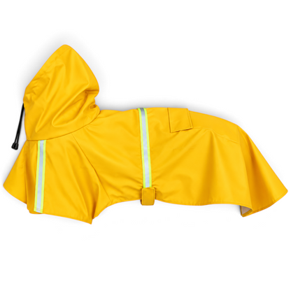 Imperméable jaune AventureCanine pour chien en polyester avec capuche et bandes réfléchissantes pour la visibilité