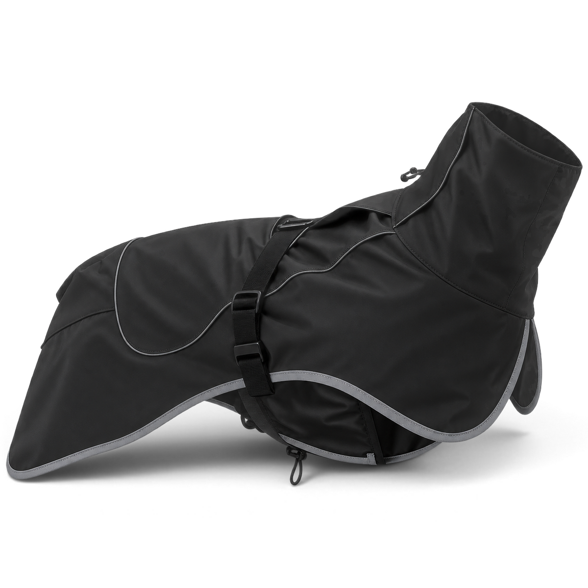 Imperméable noir AventureCanine en polyester pour chien avec bordures réfléchissantes et ouverture pour laisse
