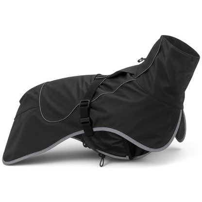 Imperméable noir AventureCanine en polyester pour chien avec bordures réfléchissantes et ouverture pour laisse