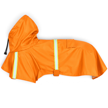 Imperméable orange AventureCanine pour chien en polyester avec capuche et bandes réfléchissantes pour la visibilité