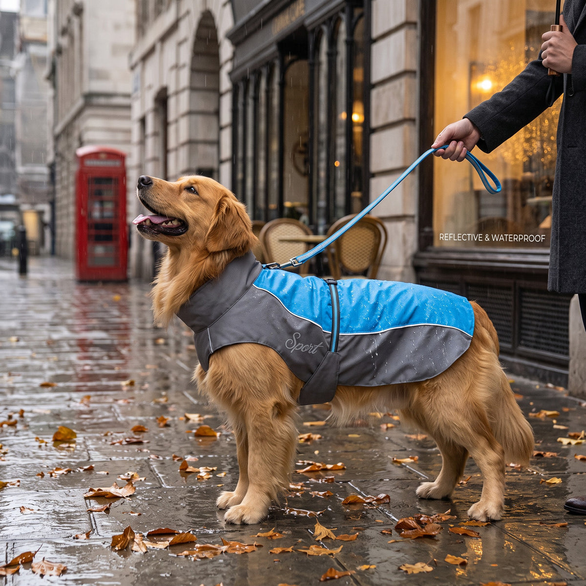 Imperméable AventureCanine bleu et gris pour chien en polyester avec bandes réfléchissantes sur un Golden Retriever