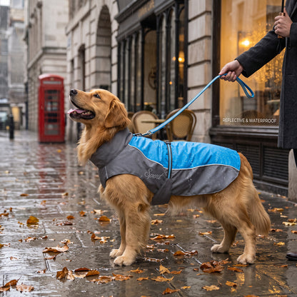 Imperméable AventureCanine bleu et gris pour chien en polyester avec bandes réfléchissantes sur un Golden Retriever