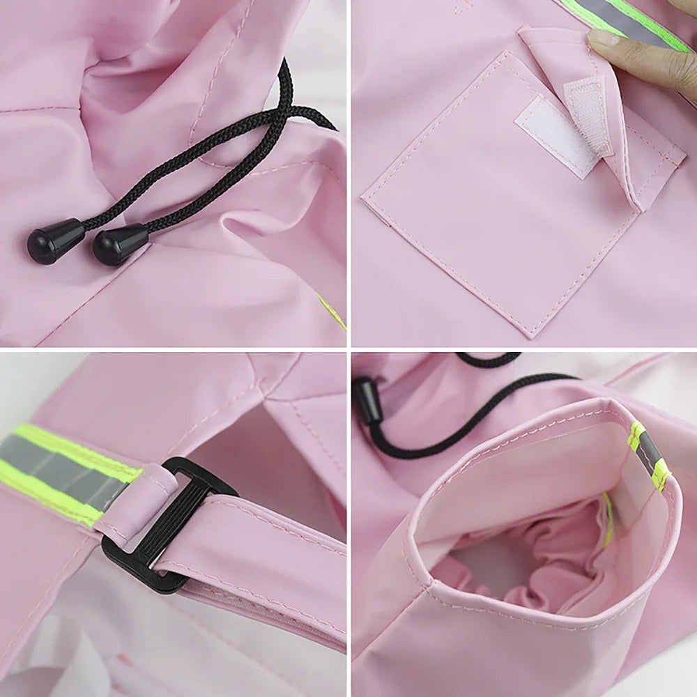 Détails de l'imperméable AventureCanine rose pour chien avec capuche, bandes réfléchissantes et attaches ajustables