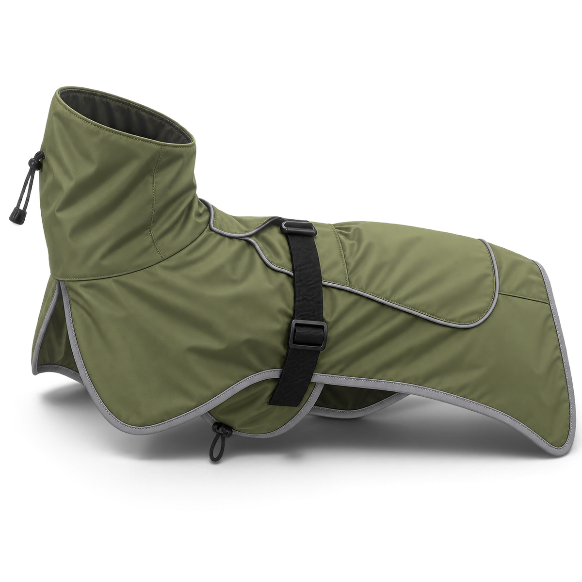 Imperméable pour chien AventureCanine vert olive en polyester avec bordures réfléchissantes et sangle réglable